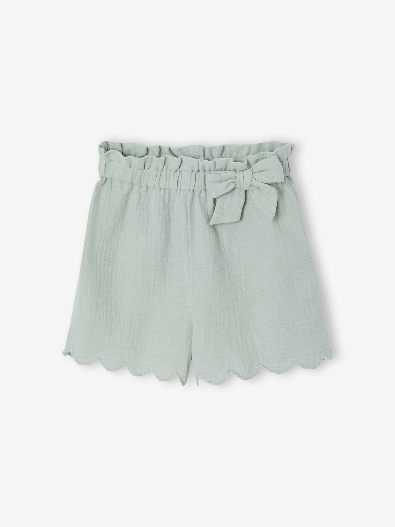 Shorts Mädchen aus Musselin mit Stoffgürtel salbei