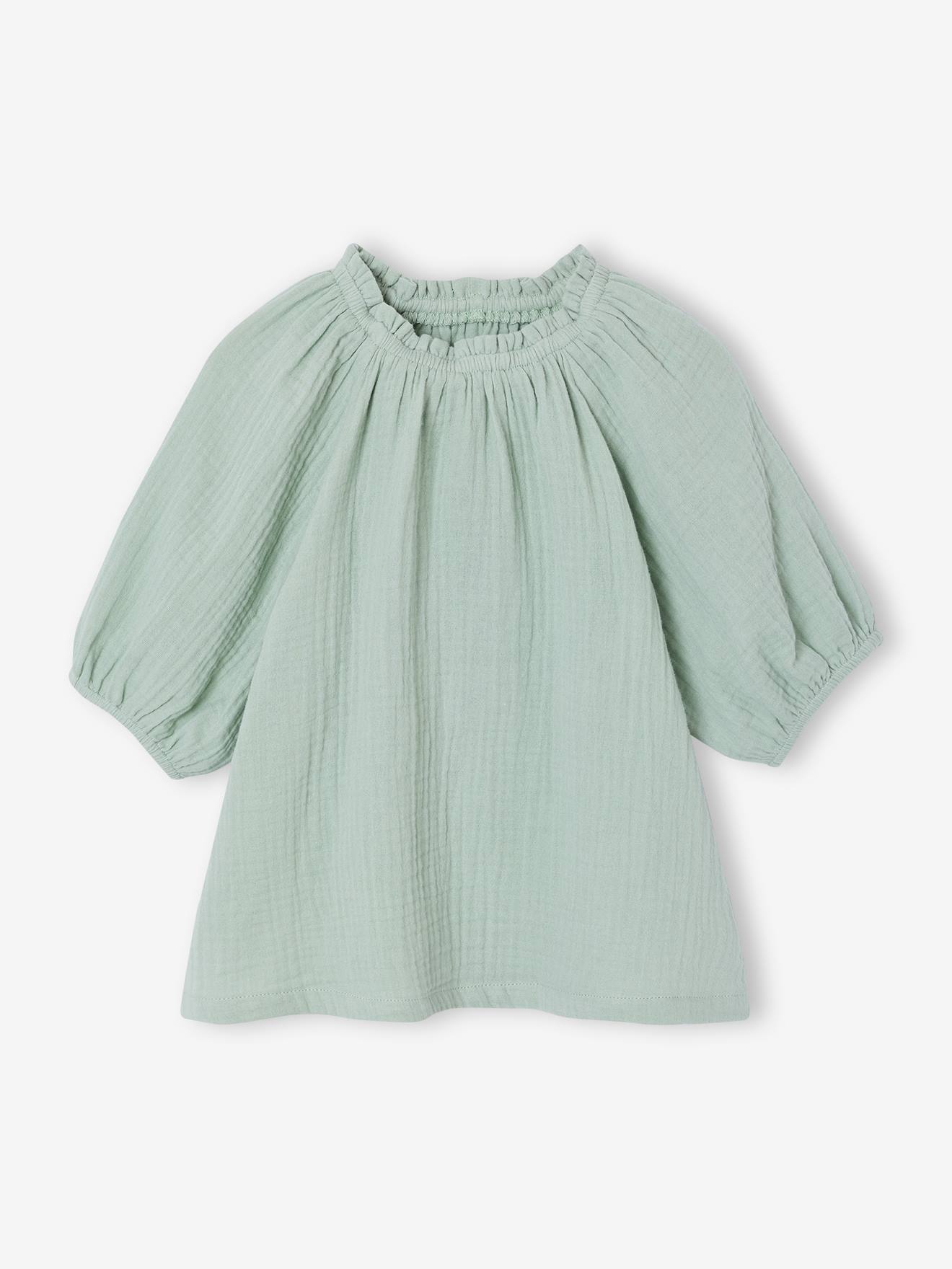 Musselinbluse Mädchen mit Ballonärmeln salbei