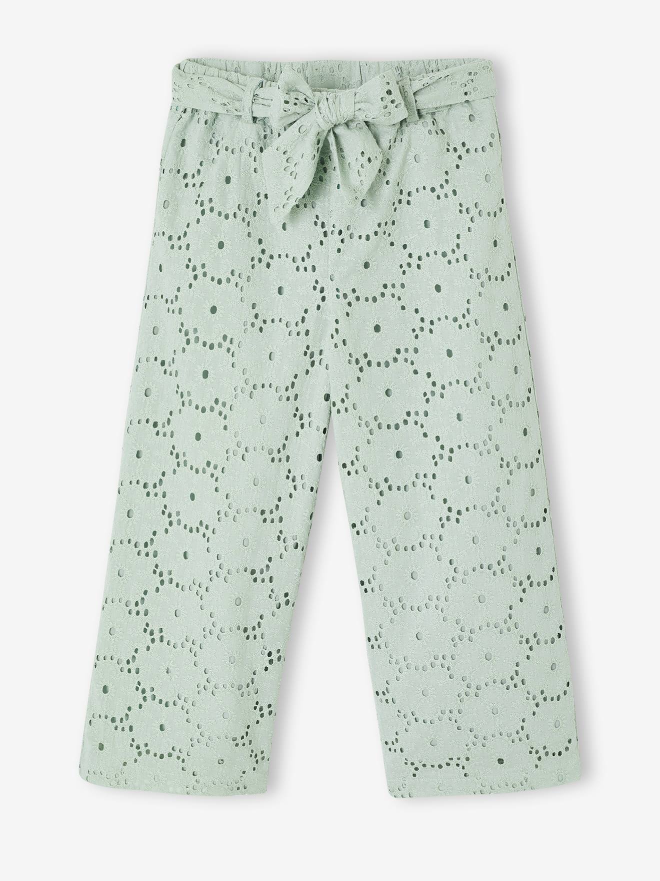 Flare-Hose Mädchen mit Lochstickerei und Stoffgürtel salbei