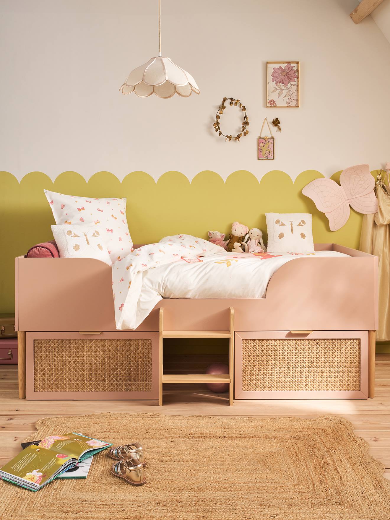 Rattan-Kinderbett POESIE mit Aufbewahrung Kombi-Hochbett 90x190 cm