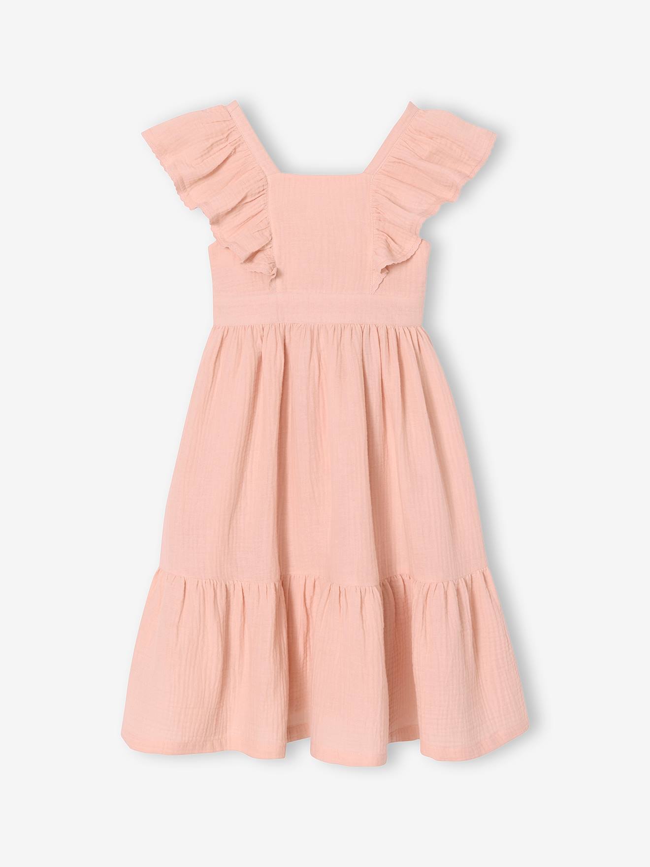 Midi-Kleid aus Baumwoll-Musselin mit Volantträger Mädchen hell