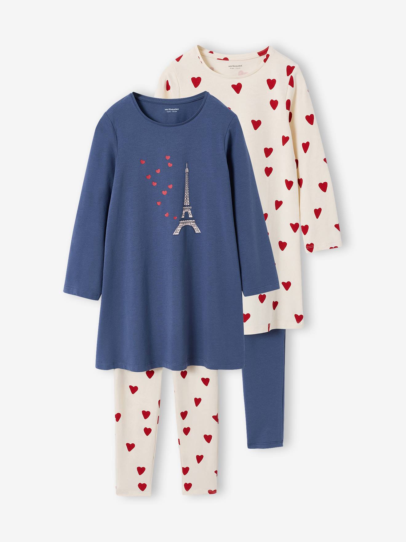 2er-Pack Mädchen Nachthemden mit Leggings PARIS und HERZEN Mädchen