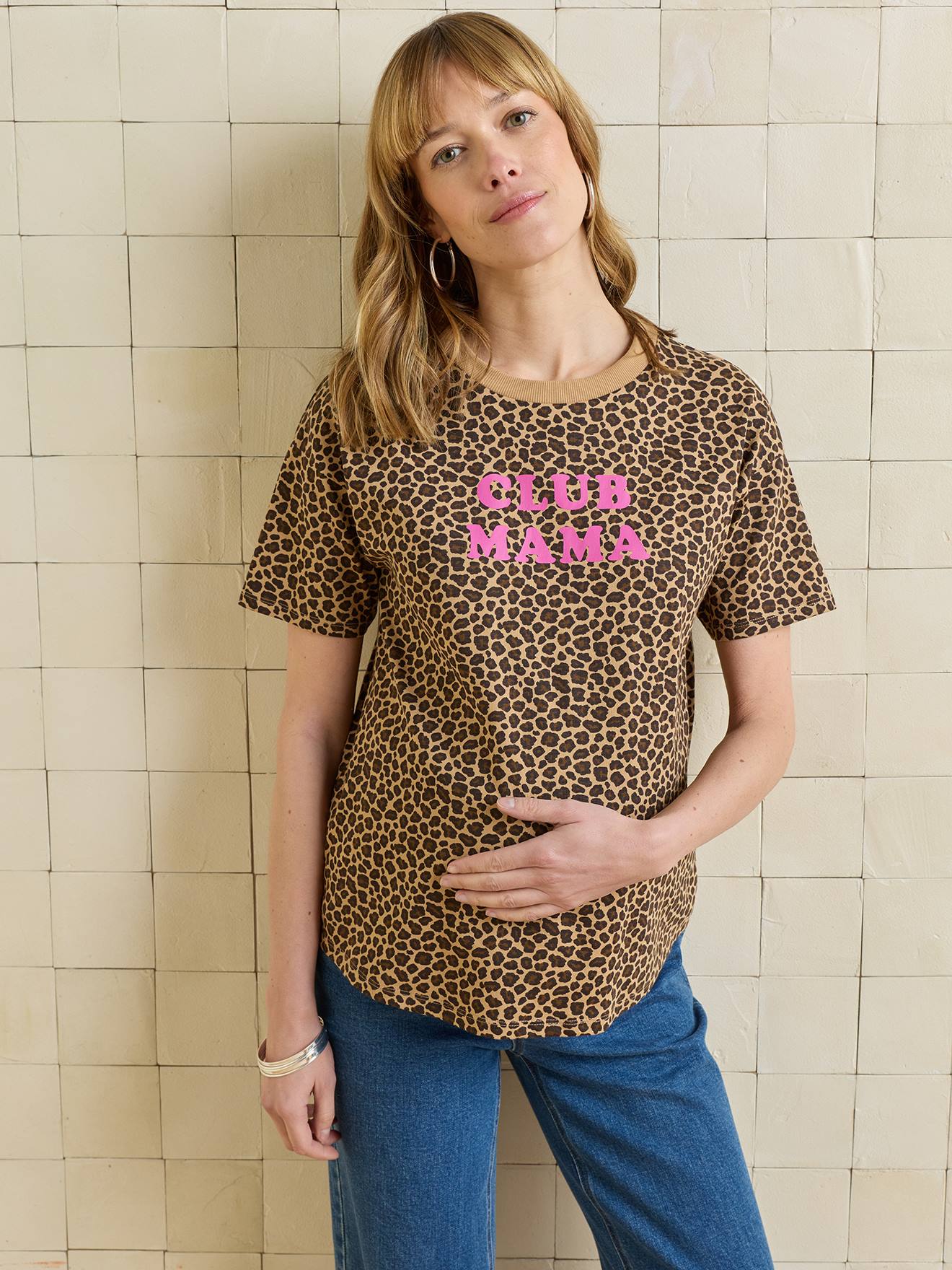 Umstands-Shirt CLUB MAMA Leoprint Bio-Baumwolle personalisierbar cappuccino