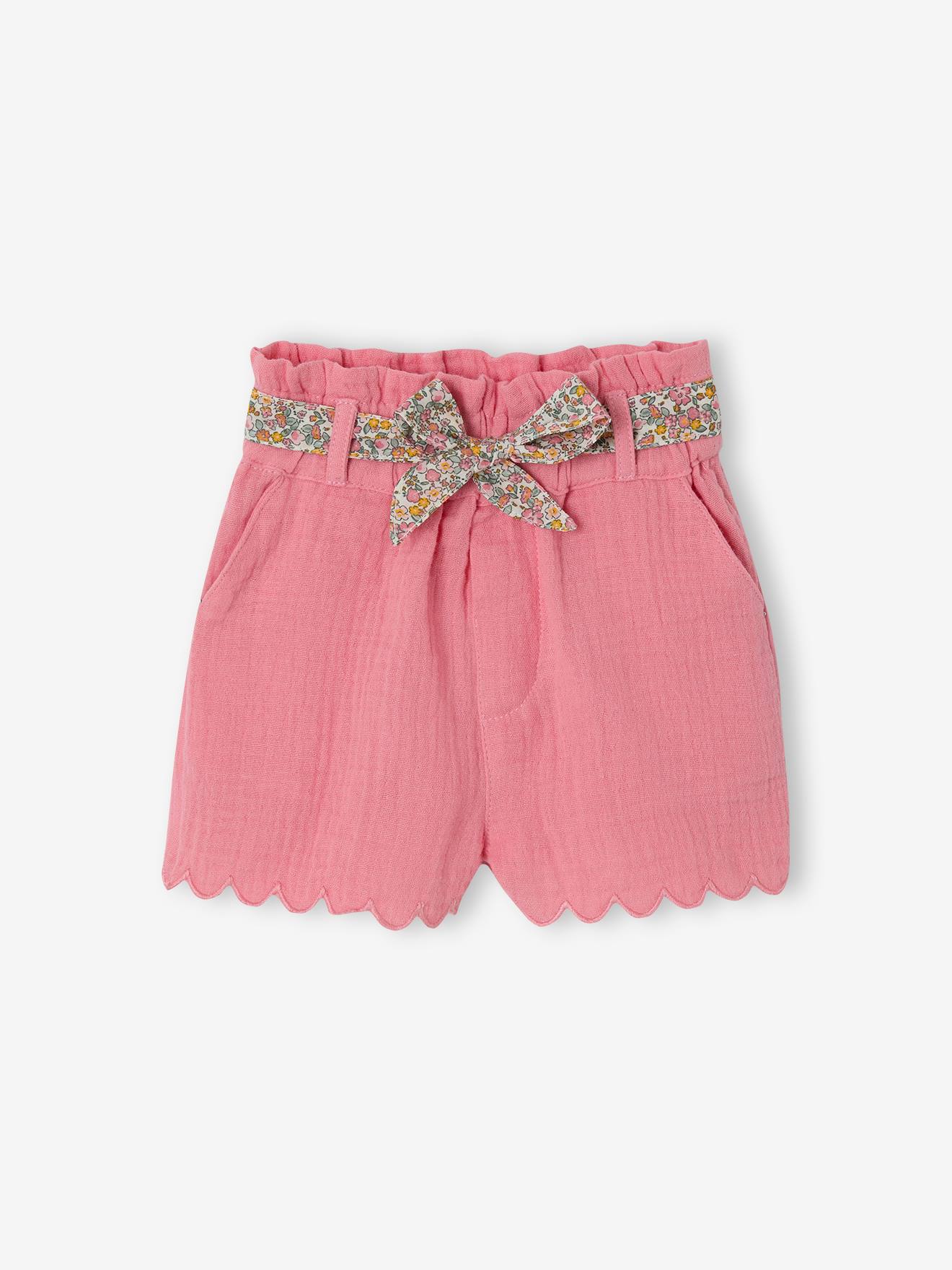 Baby Musselin-Shorts mit Stoffgürtel und Wellensaum bonbon