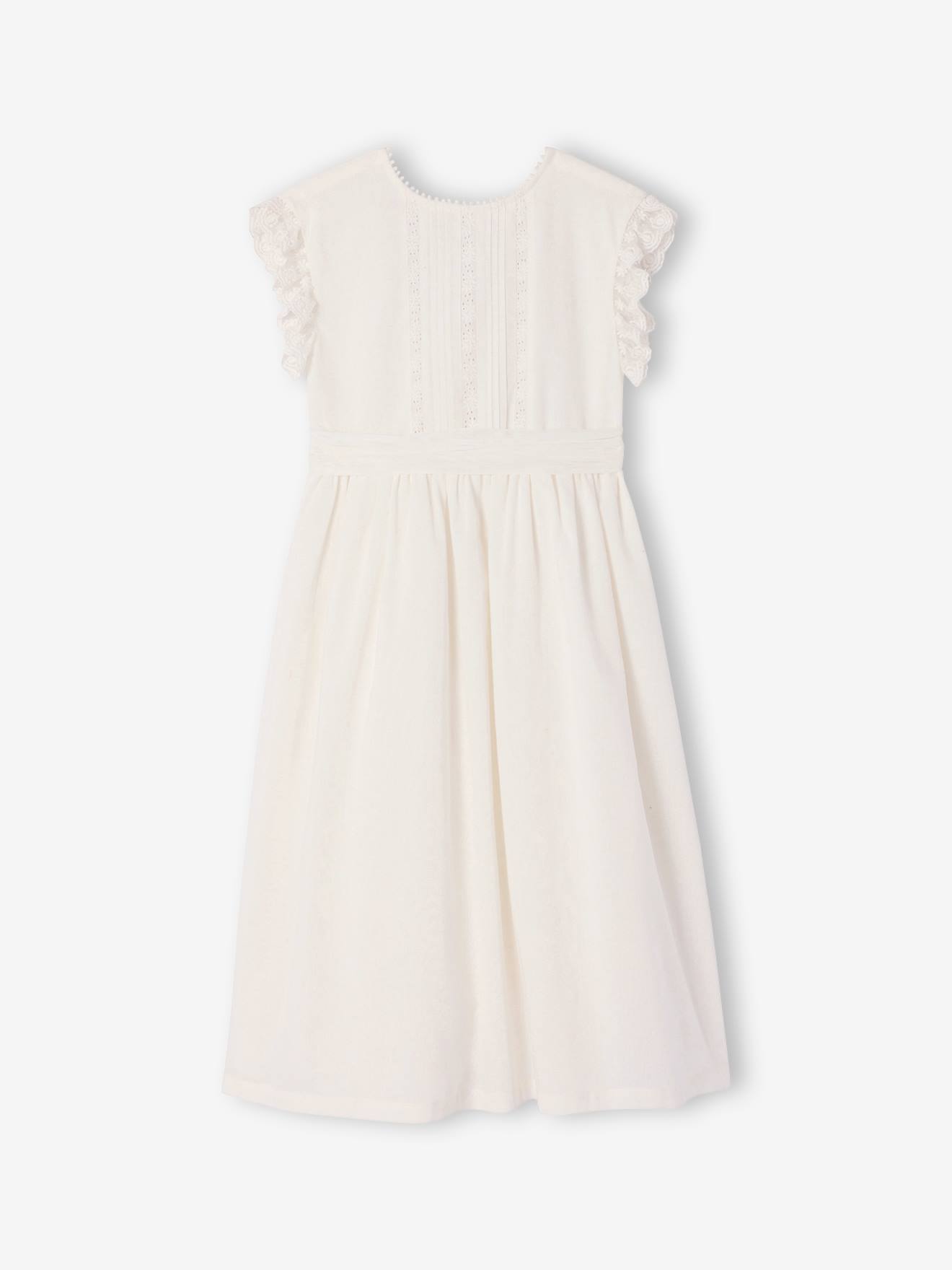 Festliches langes Kleid Baumwoll-Leinen-Mix mit Stickerei und Bindegürtel