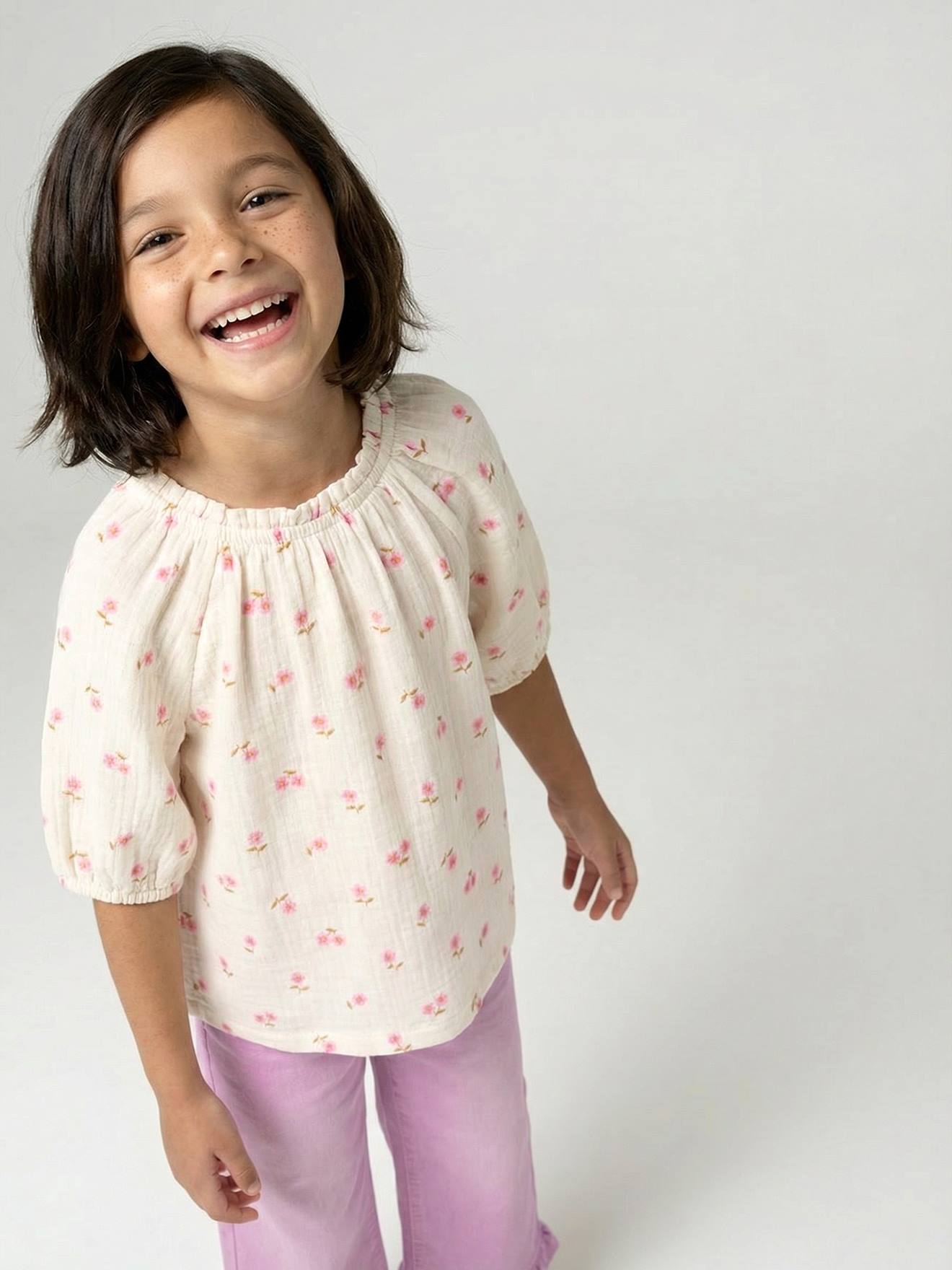 Musselinbluse Mädchen mit Ballonärmeln vanille