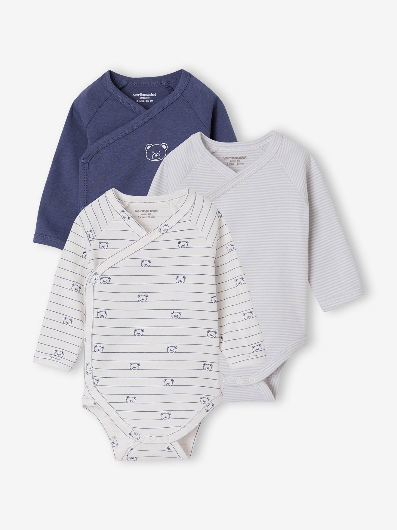 3er-Pack Baby Wickelbodys Bär mit langen Ärmeln Bio-Baumwolle
