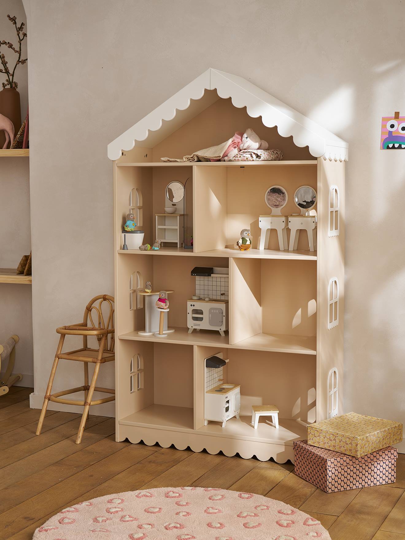 vertbaudet 2-in-1 Regal in Haus-Form / großes Puppenhaus FESTON Kinderzimmer in rosa