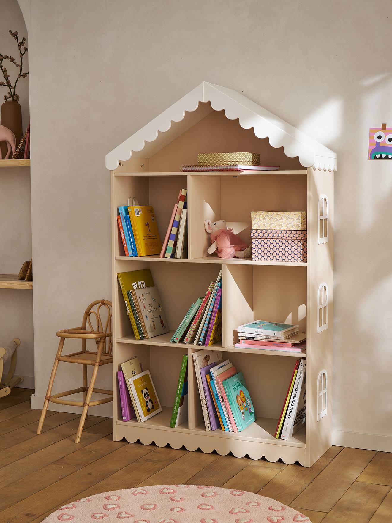 vertbaudet 2-in-1 Regal in Haus-Form / großes Puppenhaus FESTON Kinderzimmer in rosa
