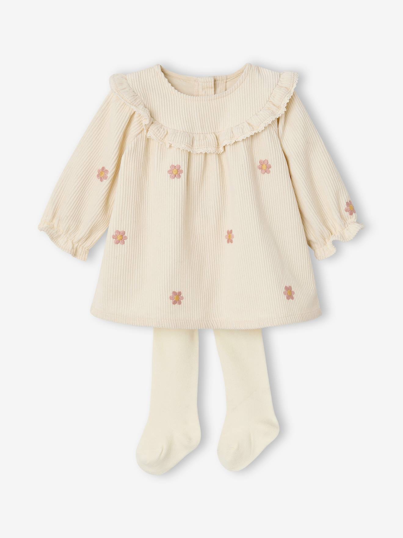 Baby-Set aus Cord-Kleid mit Blumenstickerei und Strumpfhose vanille