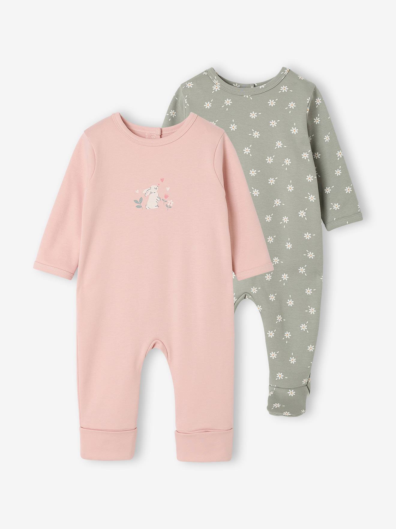 2er-Pack Baby Schlafanzüge mit Hase- und Blumen-Motiven Bio-Baumwolle salbei
