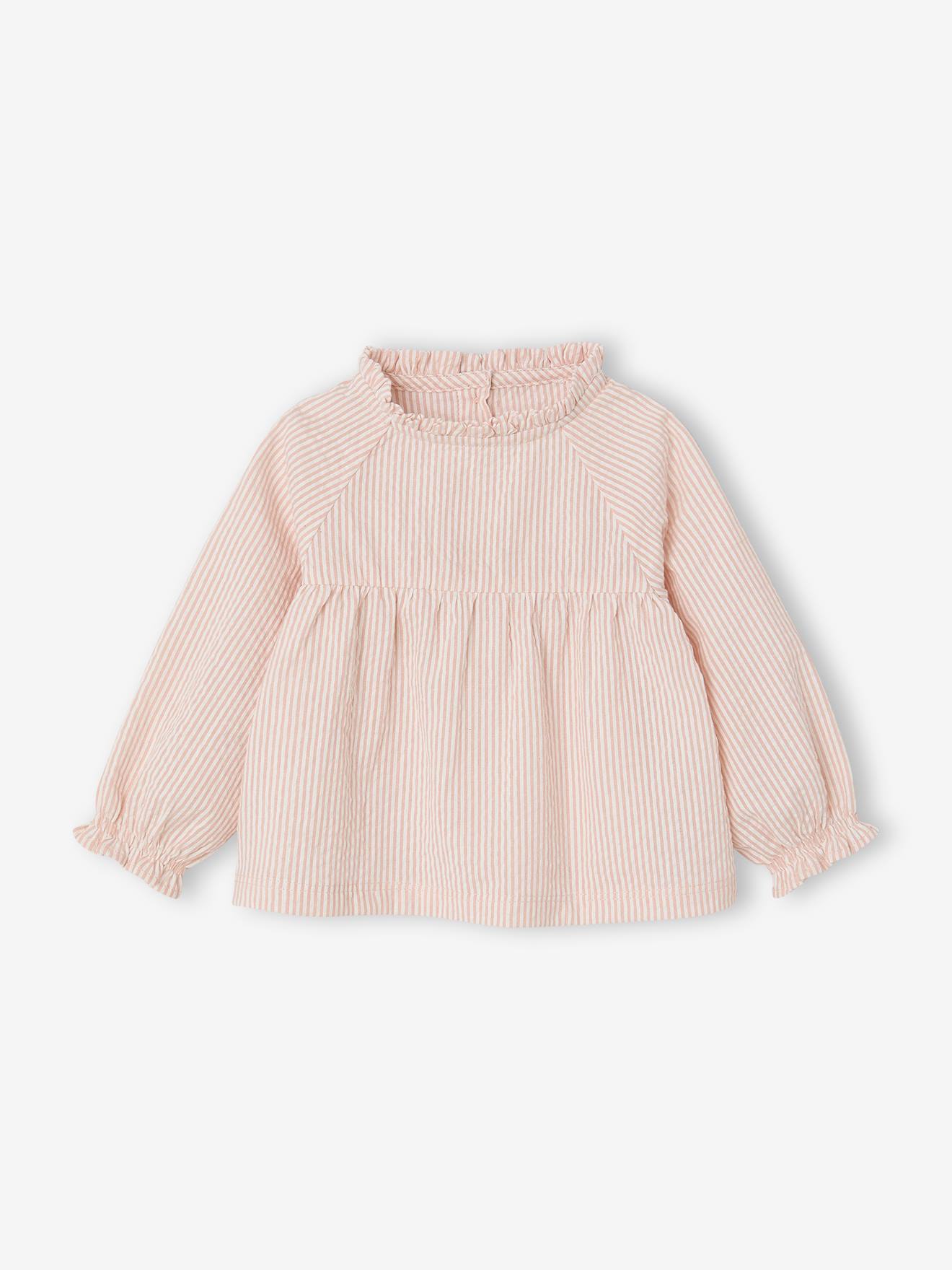 Baby Bluse mit Rüschenkragen aus Seersucker personalisierbar pudrig