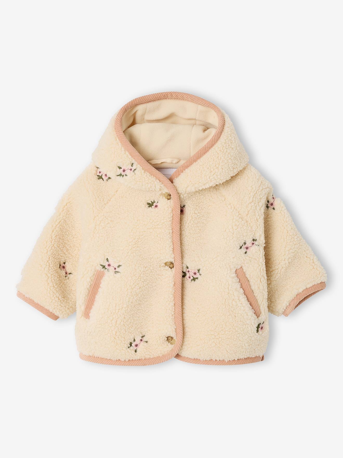 Baby Übergangsjacke aus Teddyfleece mit Kapuze und Blumenstickerei vanille