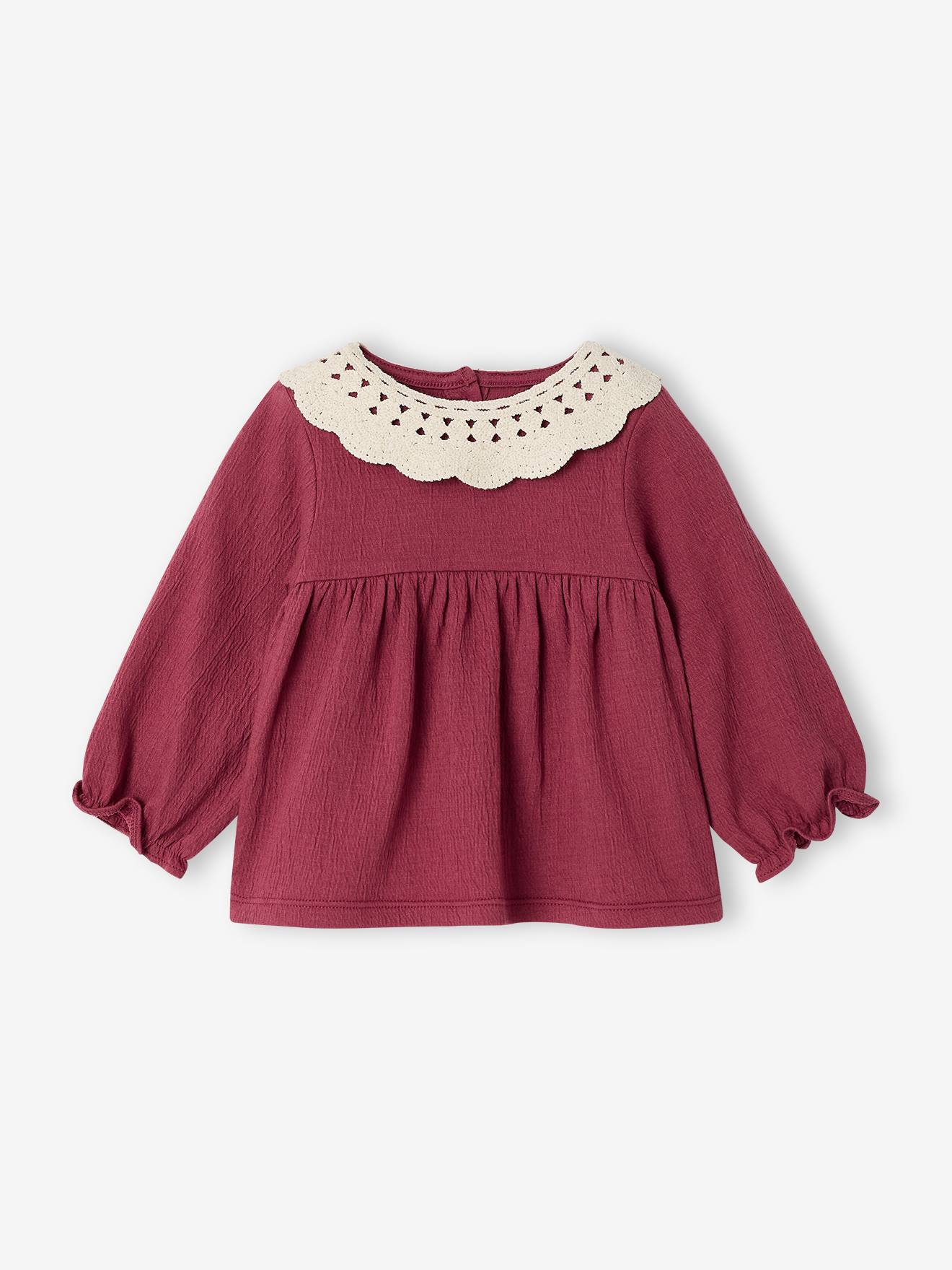 Baby Langarm-Blusenshirt aus Crinkle-Jersey mit Häkelkragen
