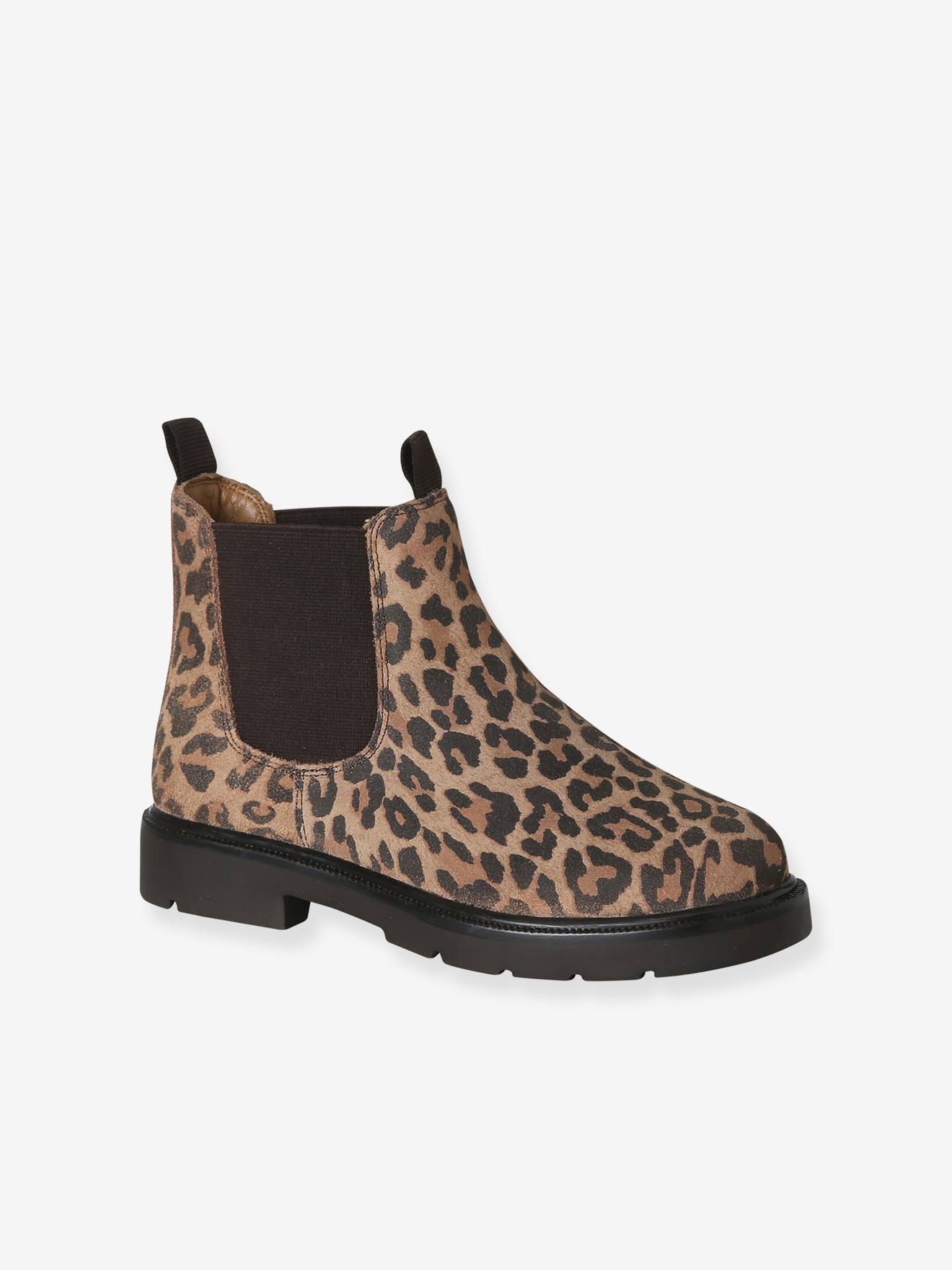 Leder-Boots mit Dehneinsätzen und Profilsohle Leo-Print Mädchen