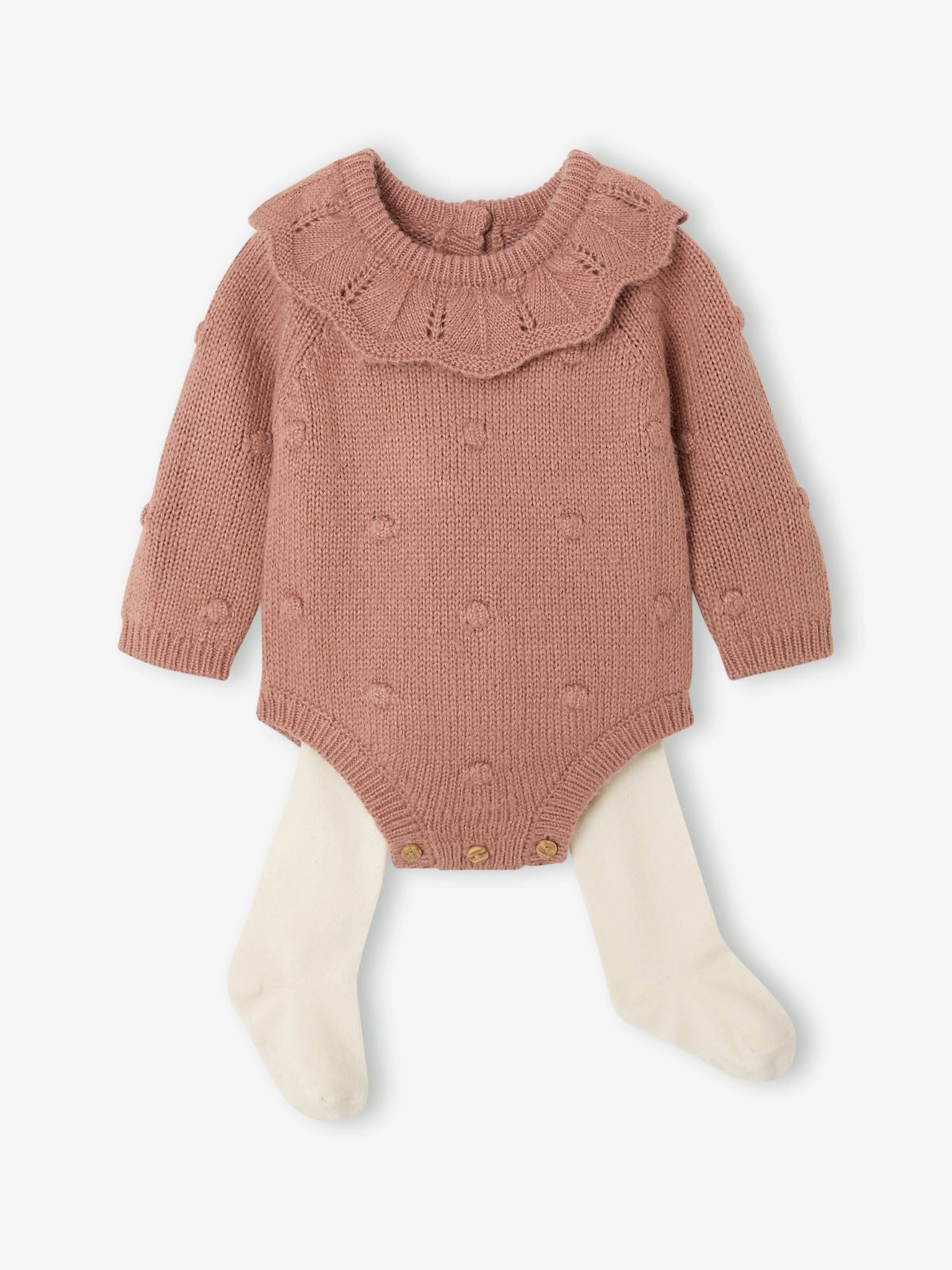Baby-Set aus Strickoverall mit Volantkragen und Strumpfhose blush