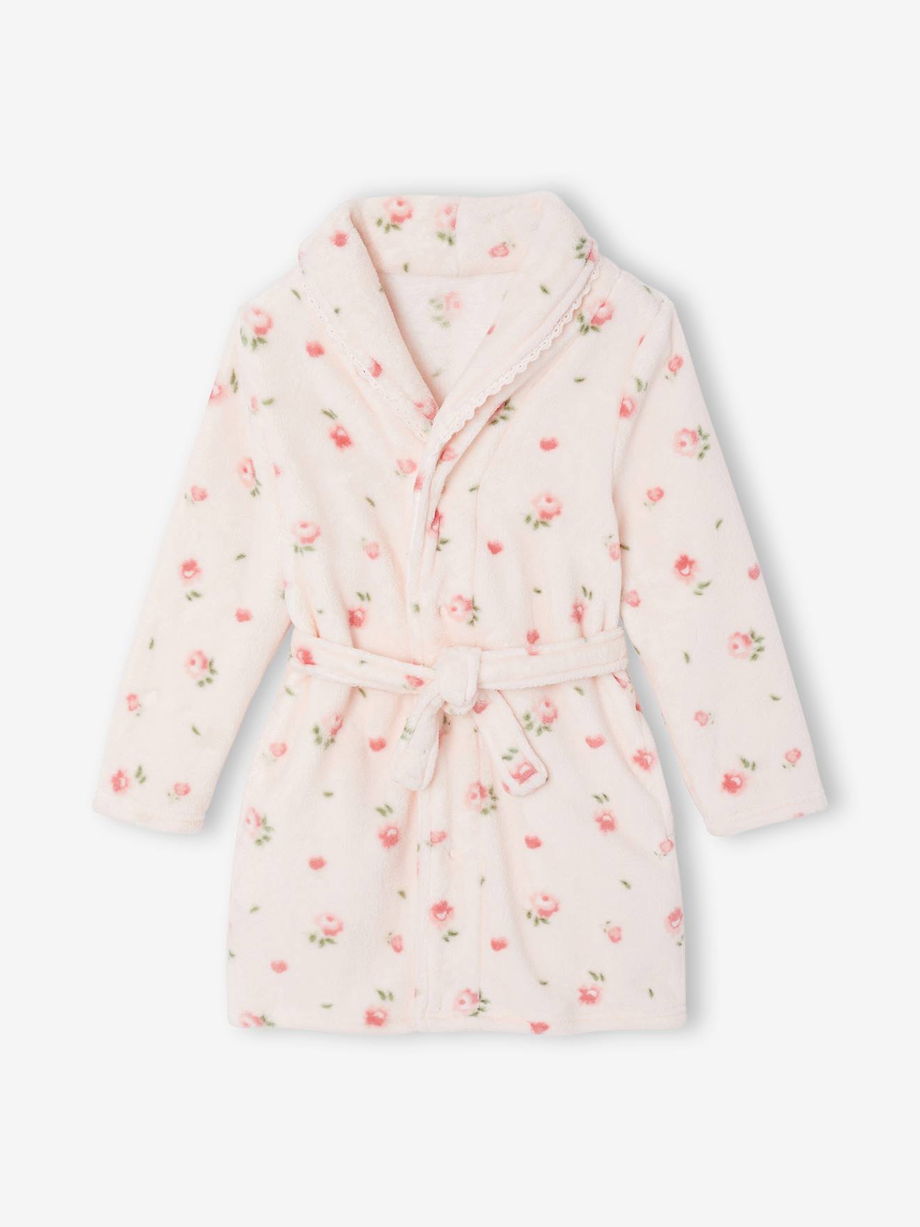 Morgenmantel aus Plüsch mit Blumenprint und Spitzen-Details Mädchen personalisierbar hell.