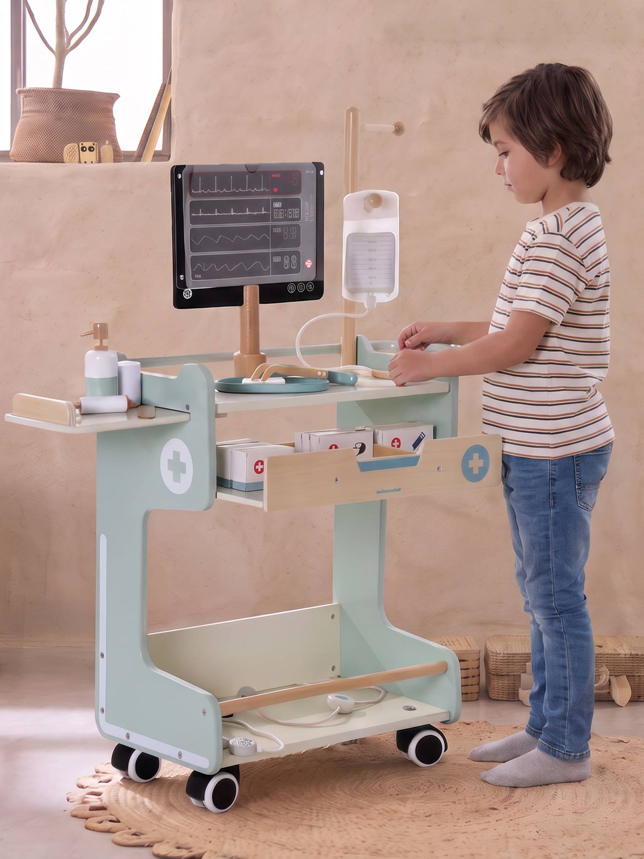 Medizinischer Rollwagen aus Holz FSC® Kinder mit Zubehör