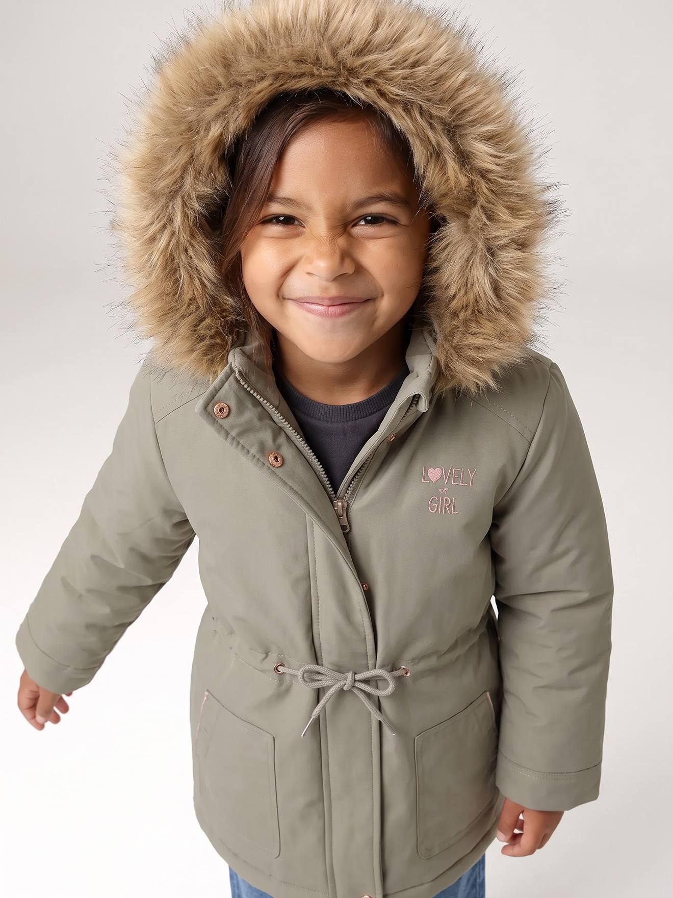 3-in-1-Winterjacke mit Kunstfell-Kapuze und Innenjacke Mädchen salbei/ blumen