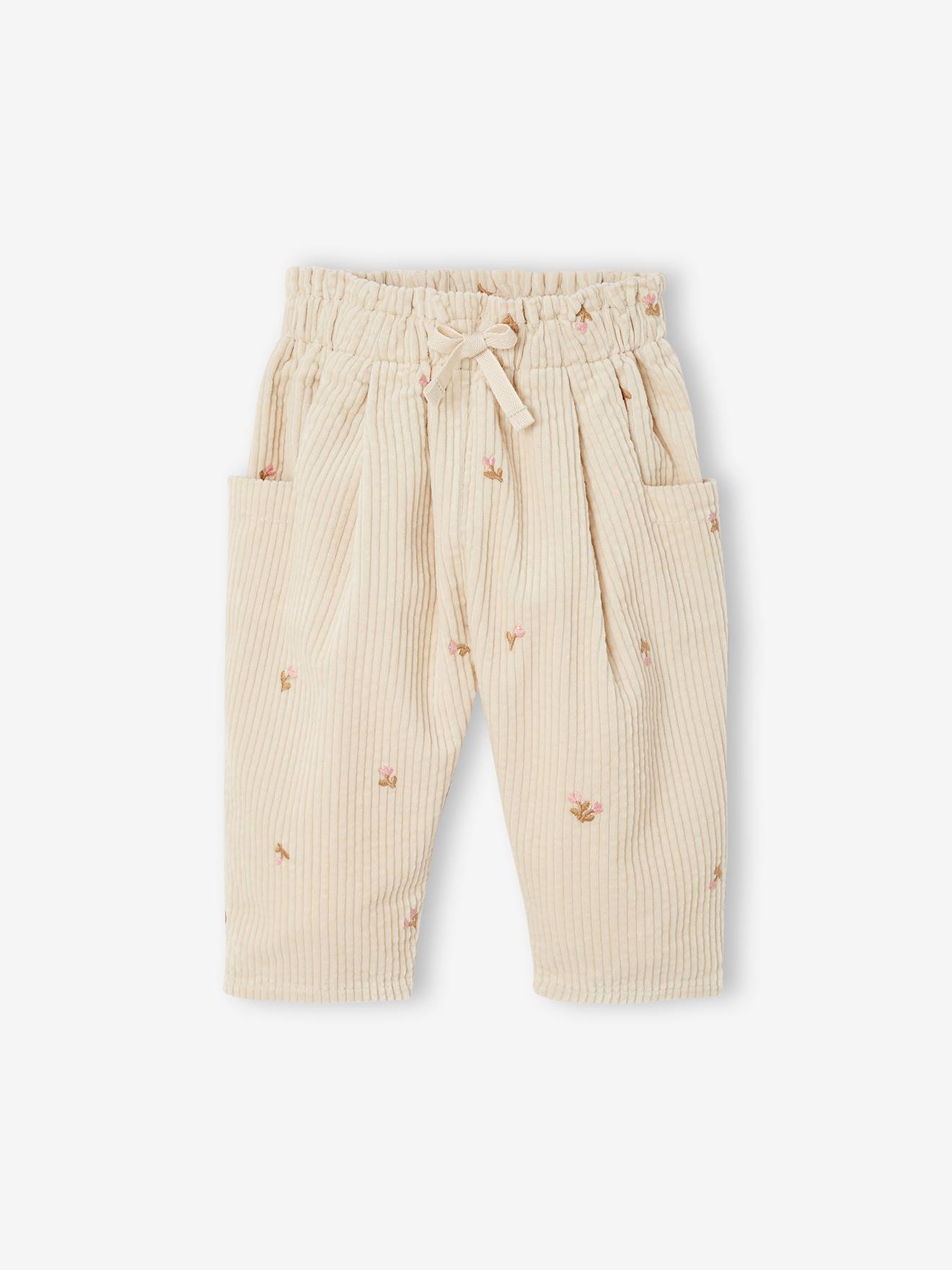 Baby Cordhose in Balloon-Fit mit Blumenstickerei und Dehnbund vanille
