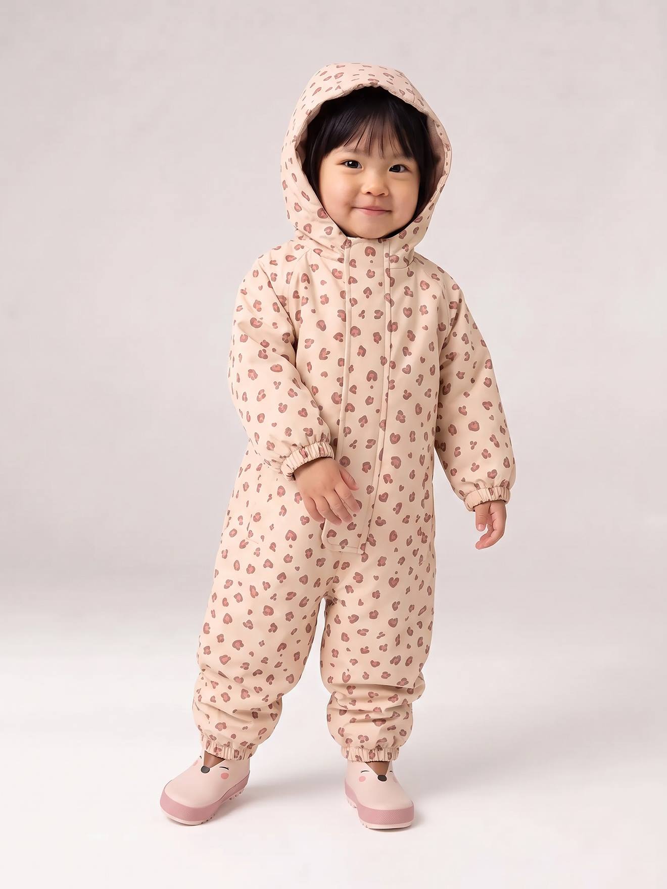 Bedruckter Baby Regen-Overall mit Fleecefutter und Kapuze vanille leo