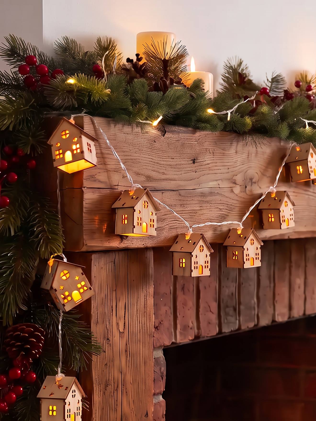 Lichterkette mit 15 LED-Häusern aus Holz Kinderzimmer