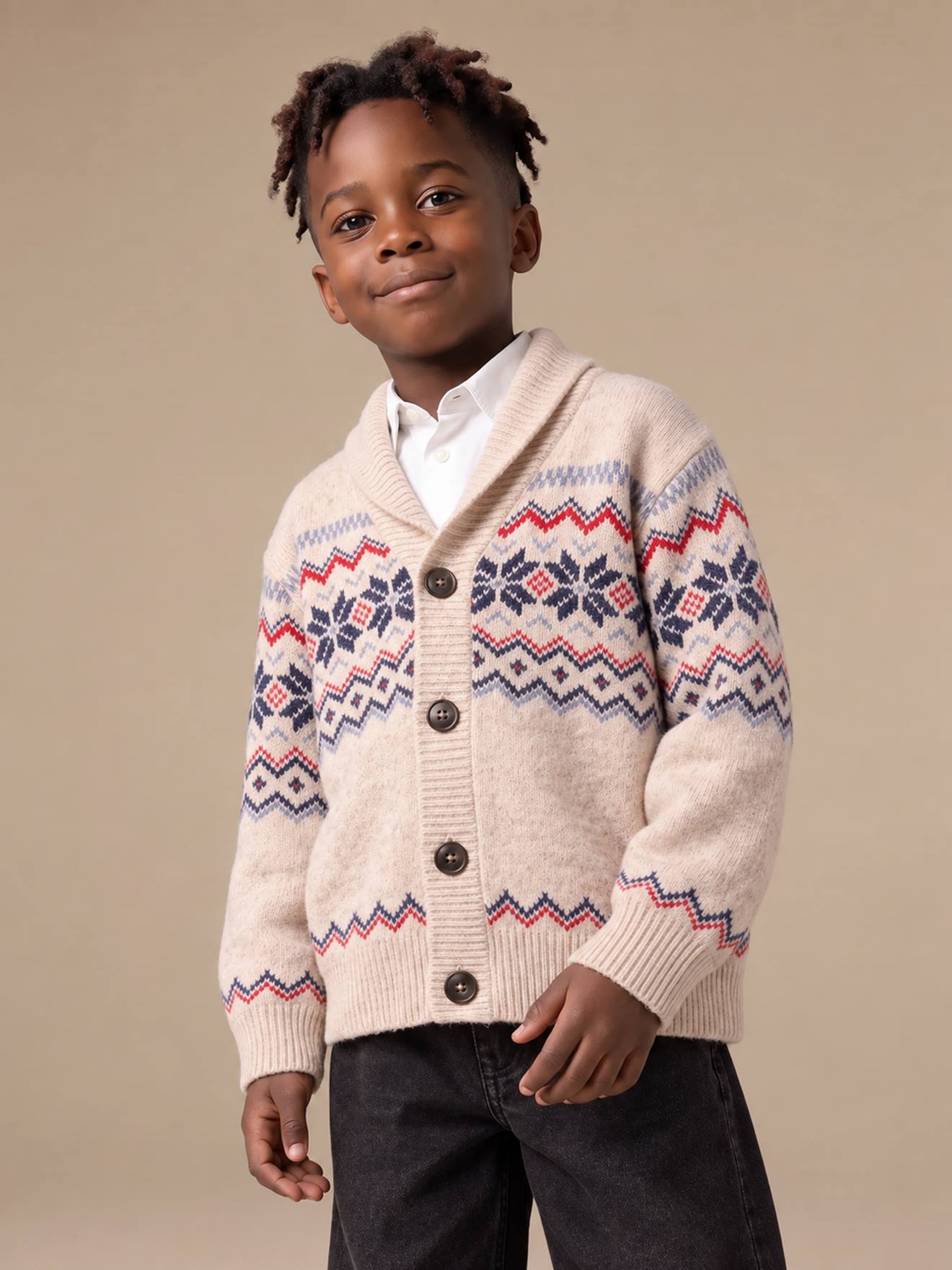 Strickjacke mit Schalkragen und Jacquardmuster Jungen meliertes ecru
