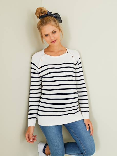 Umstands-Streifenpullover Oeko-Tex - grün+nachtblau gestreift+wollweiß gestreift - 15