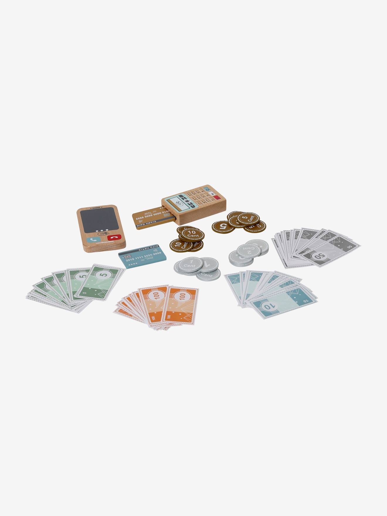 Papier-Spielgeld mit Kartenterminal und Smartphone aus Holz FSC®