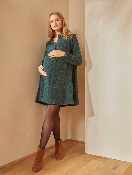 Bedrucktes Kleid für Schwangerschaft & Stillzeit, Musselin - grau+grün+schwarz punkte - 10