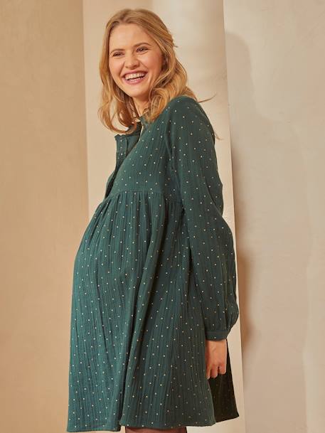 Bedrucktes Kleid für Schwangerschaft & Stillzeit, Musselin - grau+grün+schwarz punkte - 15