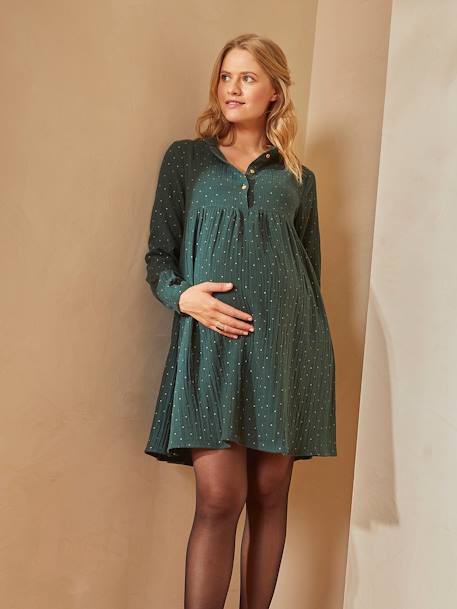 Bedrucktes Kleid für Schwangerschaft & Stillzeit, Musselin - grau+grün+schwarz punkte - 11