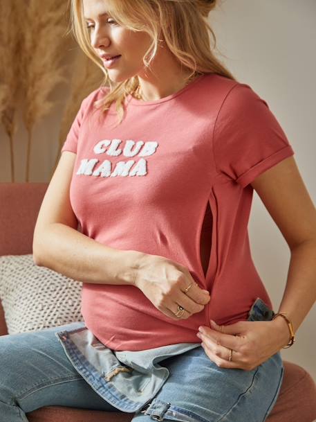 Bio-Kollektion: T-Shirt für Schwangerschaft & Stillzeit „Club Mama“, personalisierbar - anthrazit+blau+rosa+ziegel - 33