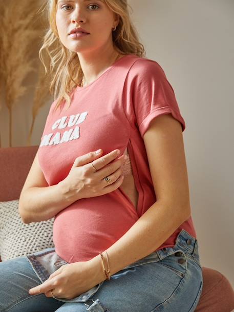 Bio-Kollektion: T-Shirt für Schwangerschaft & Stillzeit CLUB MAMA, personalisierbar - anthrazit+blau+rosa+ziegel - 32