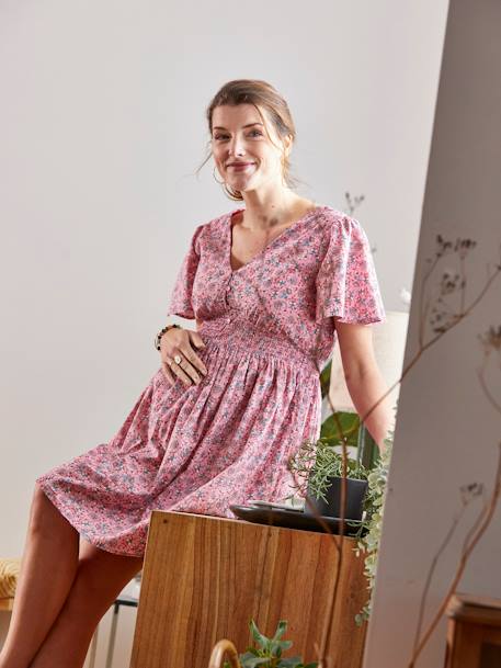 Kurzes Kleid für Schwangerschaft & Stillzeit - rosa bedruckt+weiß bedruckt - 7