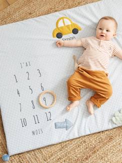 Spielzeug-Baby-Activity-Decken & Spielbögen-Baby Meilenstein-Decke aus Musselin „Simons Auto“, personalisierbar