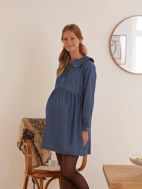 Jeanskleid mit Bubikragen, Schwangerschaft & Stillzeit Oeko-Tex - petrol - 2