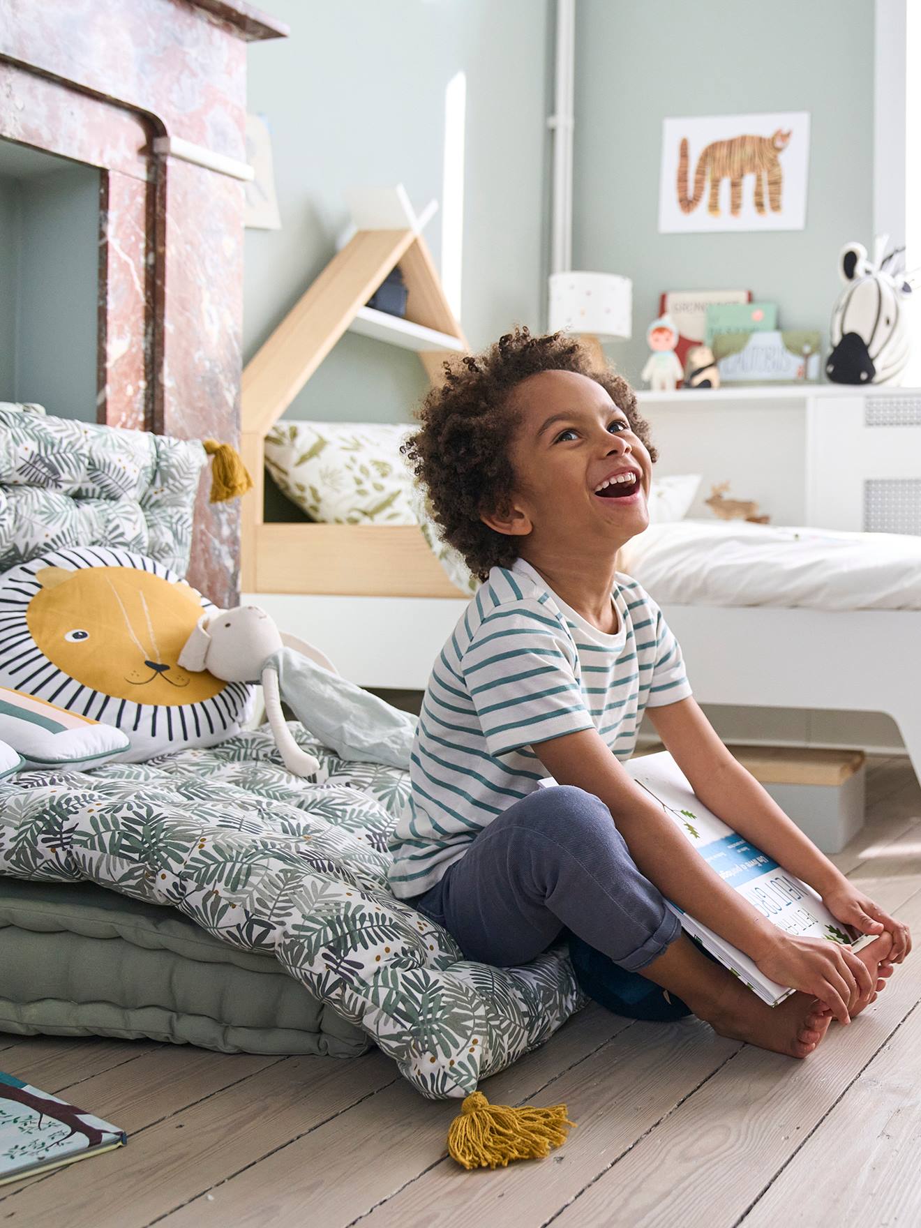Vertbaudet Unisex Wollweiß/Grün Bedruckt Blätter Kinderzimmer Bodenmatratze Pandafreunde Mit Quasten