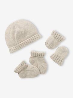 Babymode-Accessoires-Mützen, Schals & Handschuhe-Baby-Set aus Strick: Mütze, Fäustlinge & Schühchen