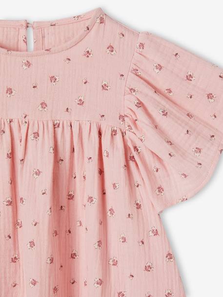Mädchen Bluse mit Schmetterlingsärmeln, Bio-Baumwolle - rosa+wollweiß - 3