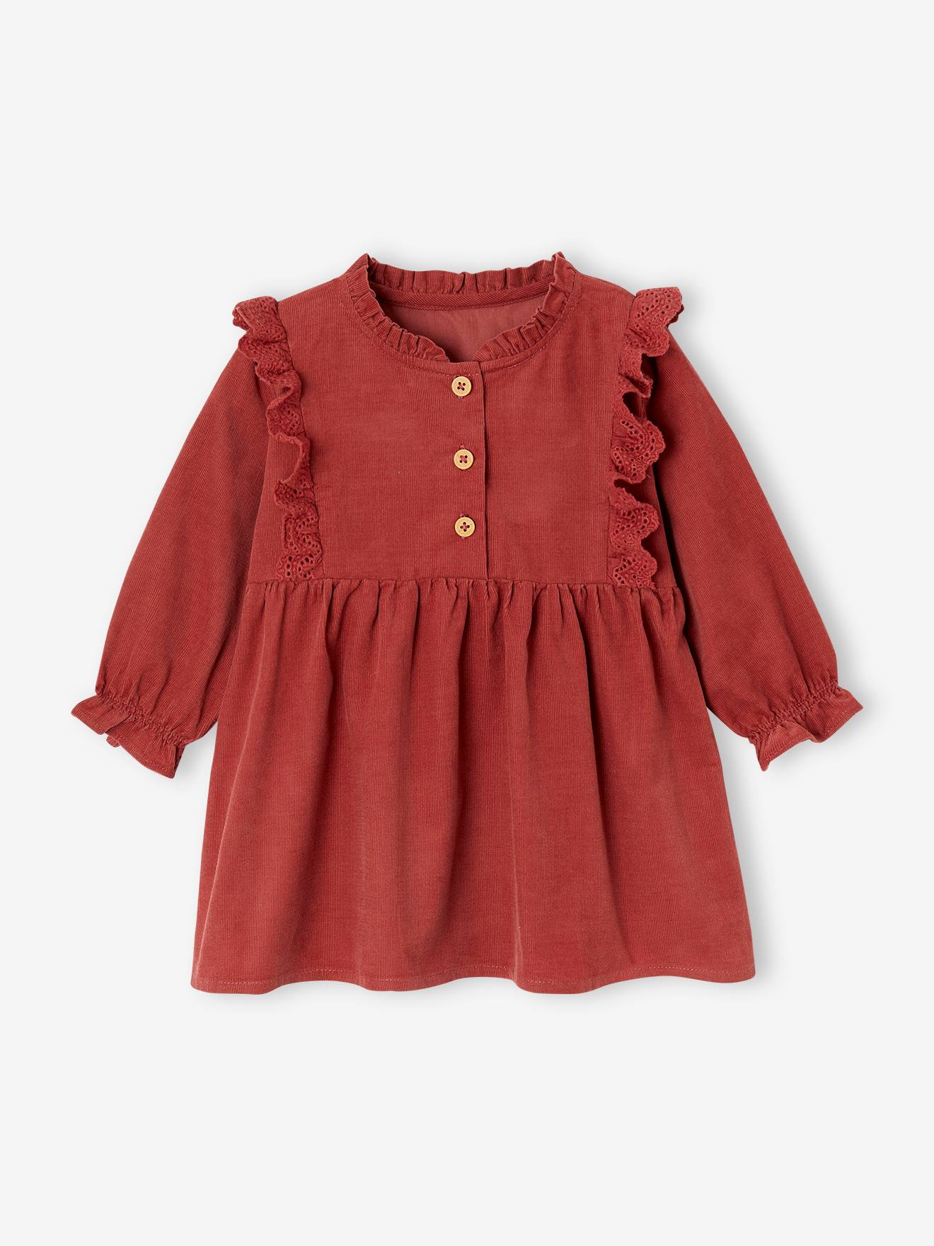 Mädchen Baby Cordkleid mit Volant und Lochstickerei