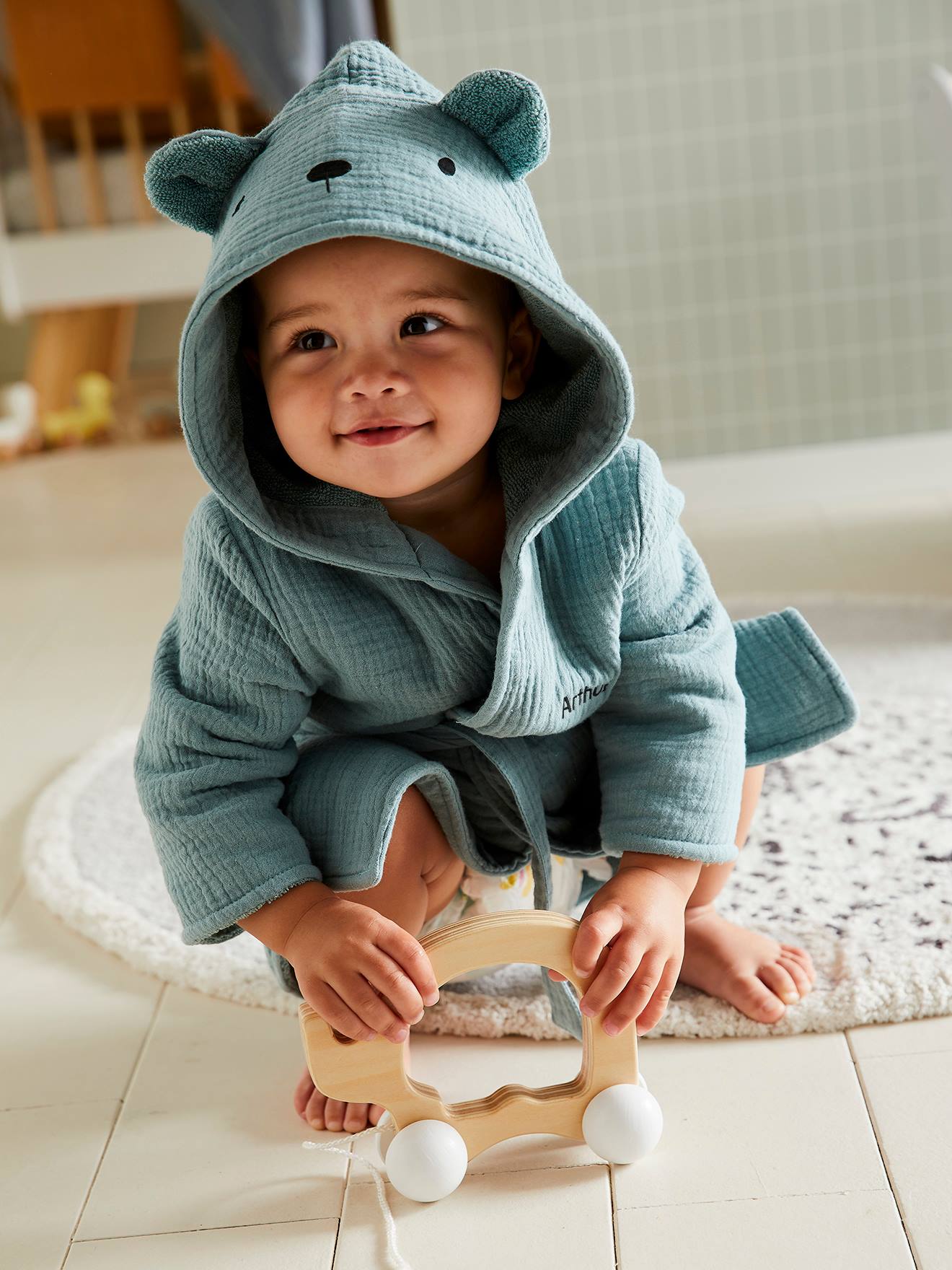 Baby Tier-Bademantel mit Musselin Bio-Baumwolle personalisierbar pfauen