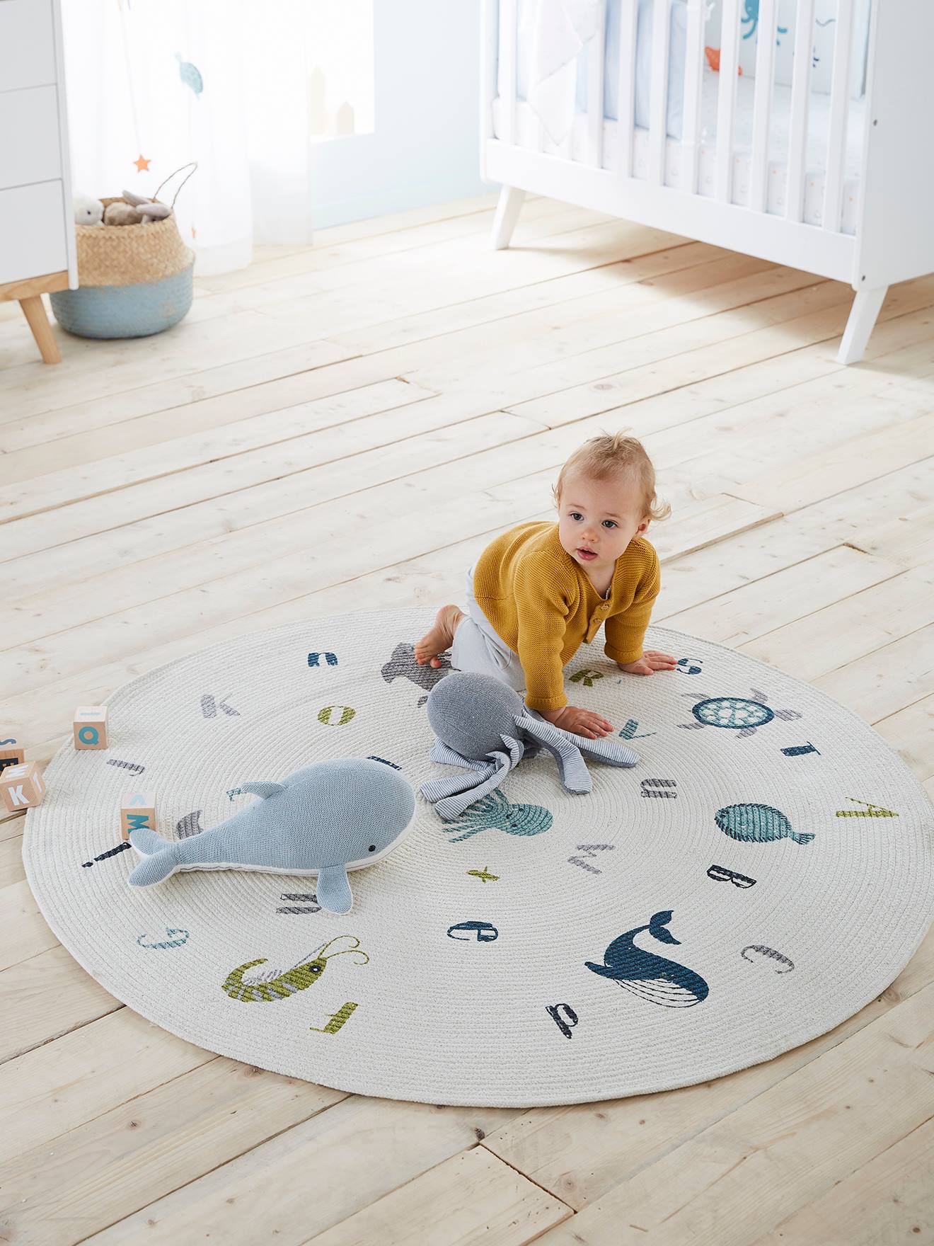 Vertbaudet Unisex Wollweiß Runder Kinderzimmer Teppich Ozean