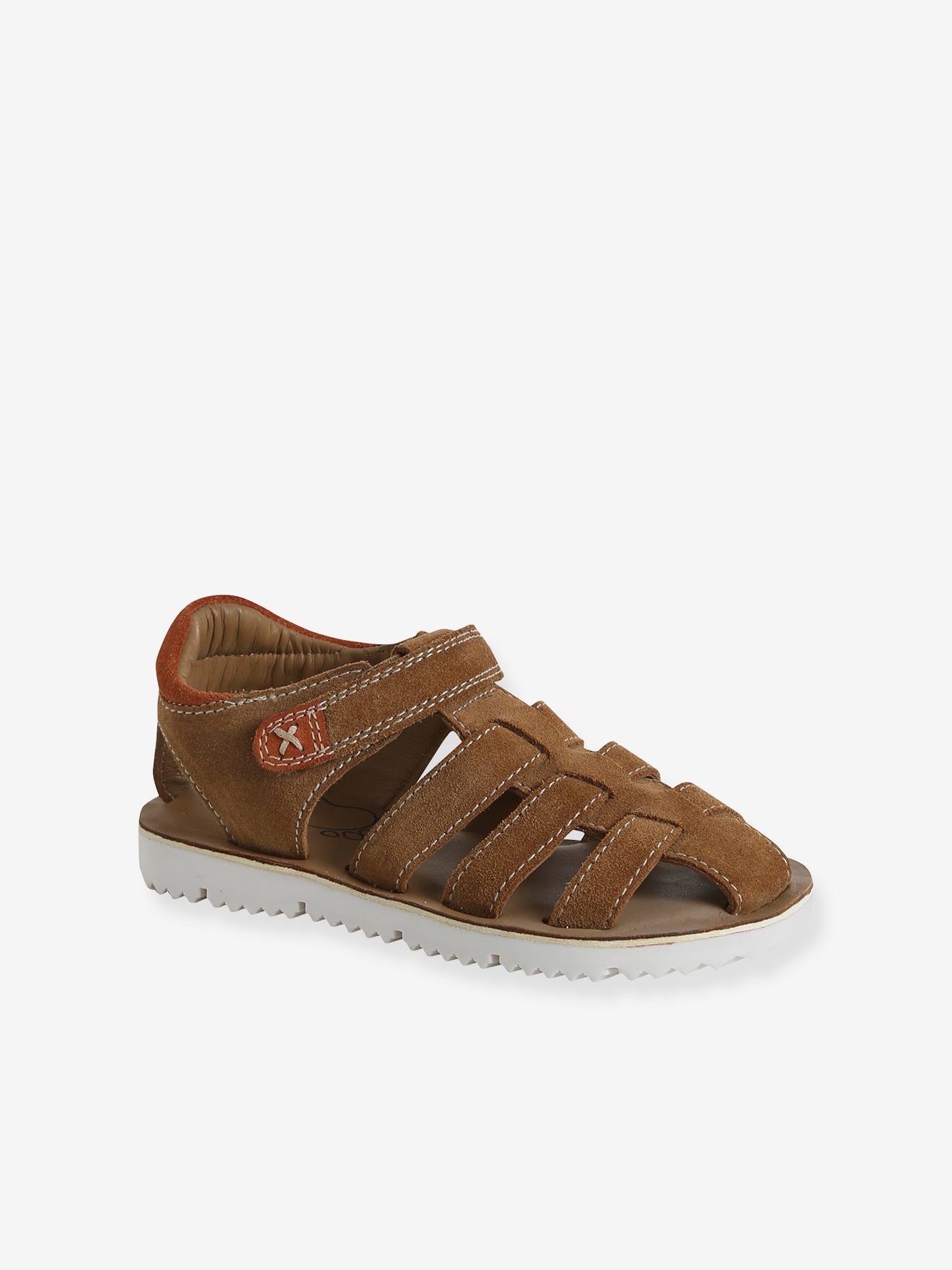 Halboffene Ledersandalen mit Klett und Anziehtrick Kinder camel