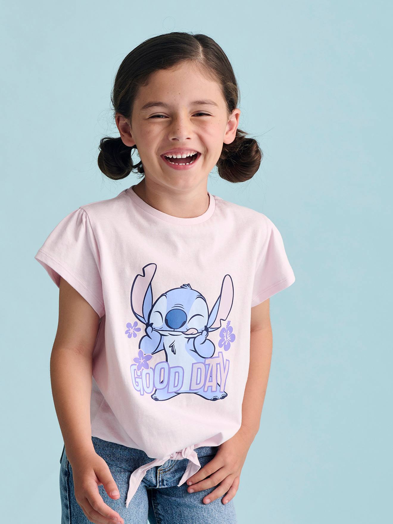 Kinder T-Shirt mit Knoten und Schrift Disney LILO & STITCH pulver lila