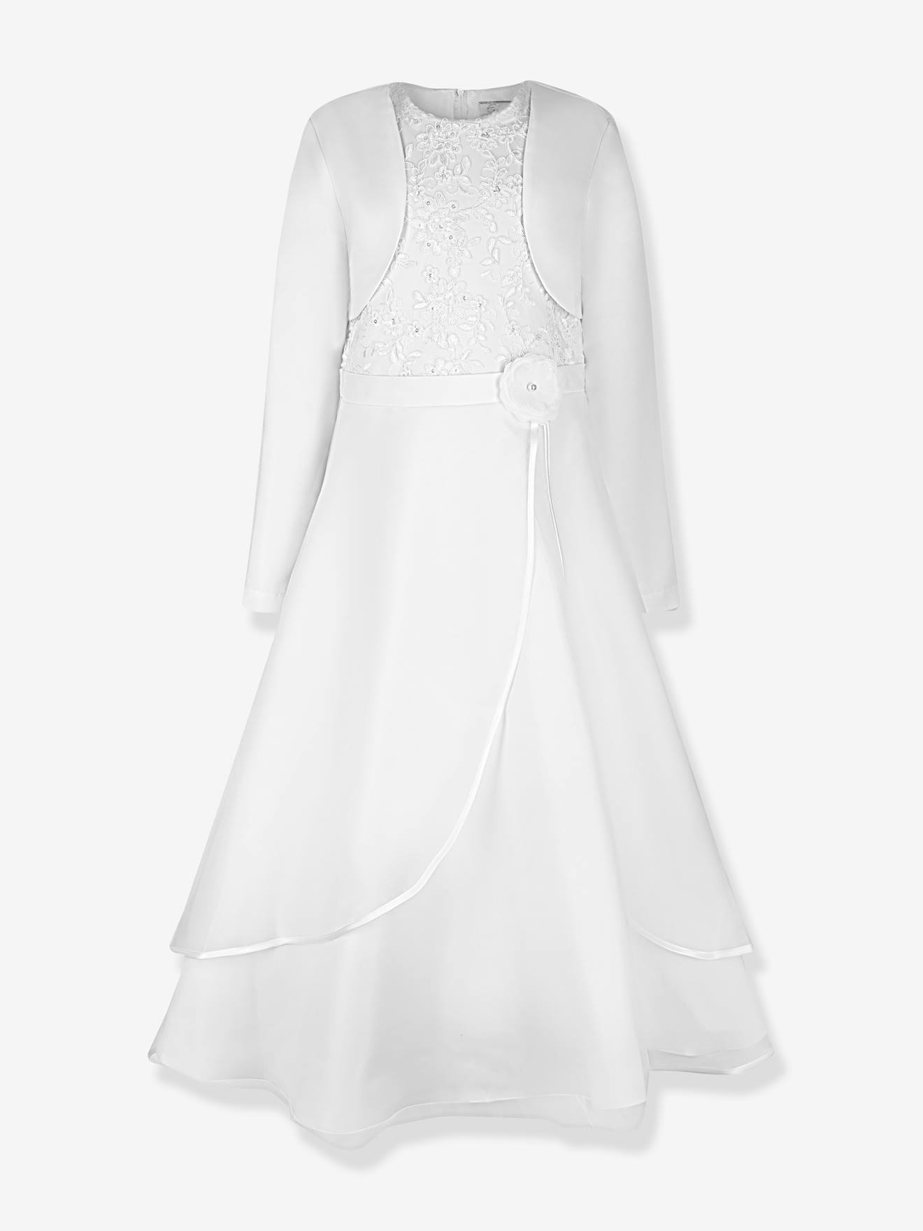 Mädchen-Set: Kommunionkleid mit Blume an der Taille Bolero Happy Girls  weiß