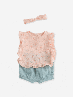 Babymode-Baby-Sets-Mädchen Baby-Set: Bluse, Shorts & Haarband aus Musselin