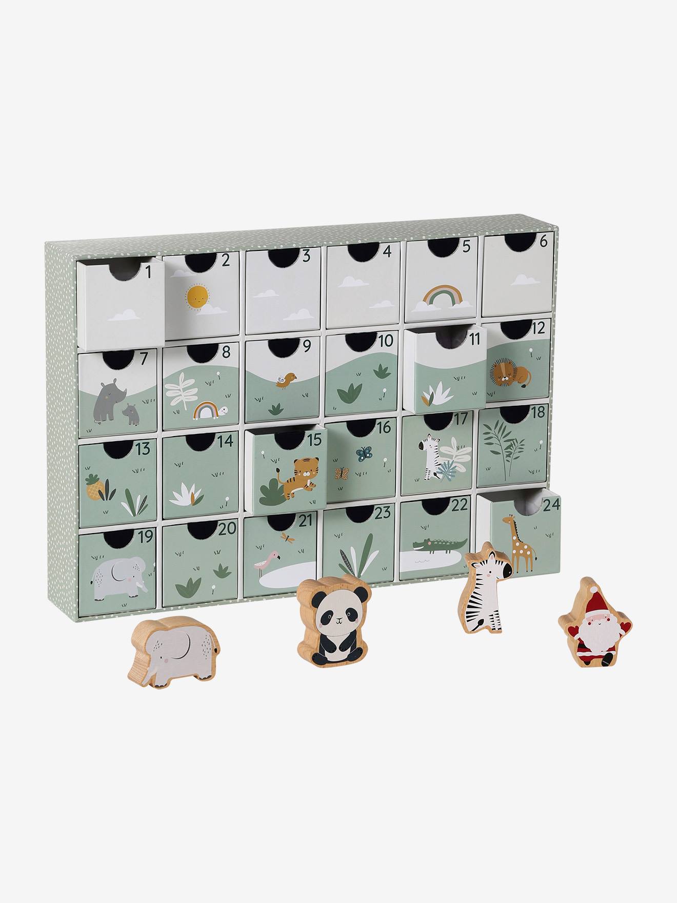 Kinder Adventskalender mit Spielzeug aus Holz FSC® salbei/tansania