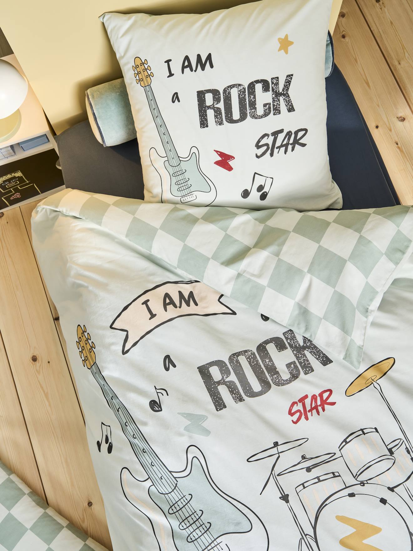 Kinder Bettwäsche-Set ROCK MUSIC mit Recycling-Baumwolle salbei