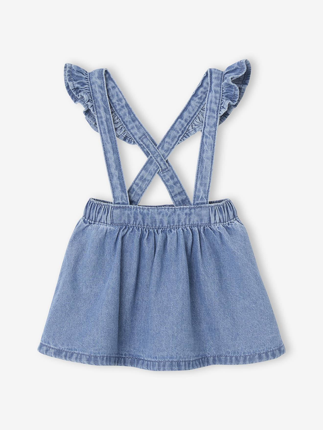 Jeansrock mit verstellbaren Träger und Volants Mädchen Bio-Baumwolle